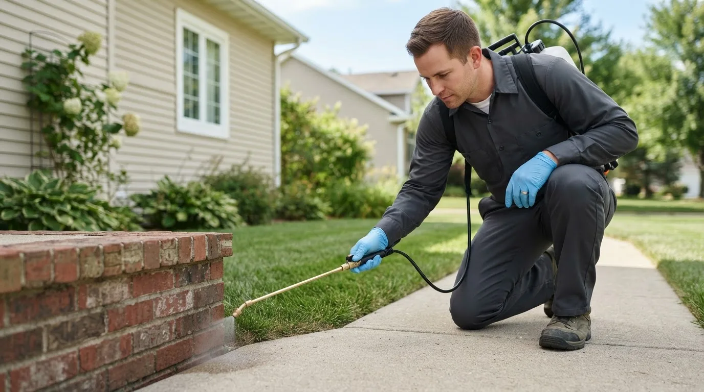 Pest control technician treating a home near Olivet, MI