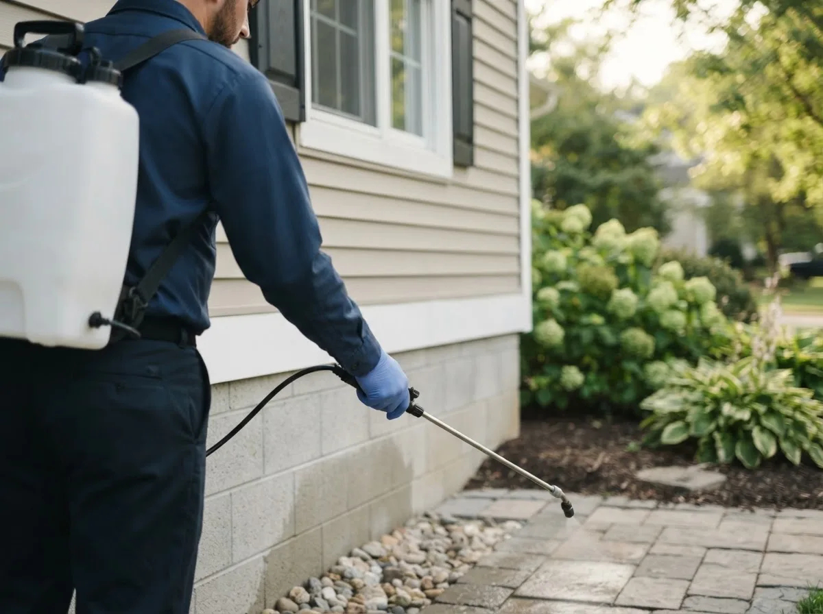 Pest control technician inspecting a home in Olivet, MI